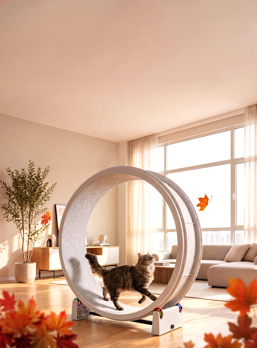 A brown tabby Maine Coon runs on a white Cat Exercise wheel in a modern-styled room with large windows and red maple leaves decorating the bottom corners of the photo. 