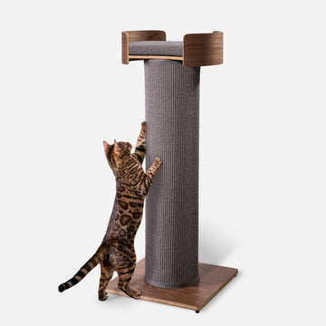 One Fast Cat Giant Scratching Tower with gray sisal and walnut wood, shown with a Bengal cat.
