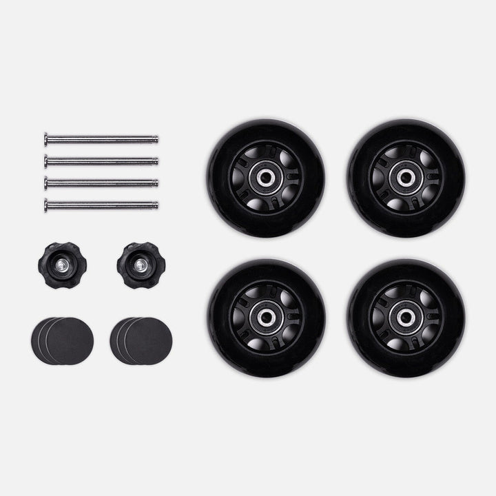 Inline wheel kit for the One Fast Cat Exercise Wheel Gen. 7, including four wheels, axles, adjustment knobs, and rubber feet.