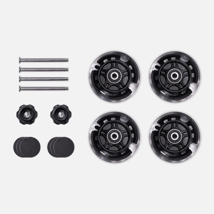 Inline LED wheel kit for the One Fast Cat Exercise Wheel Gen. 7, including four LED wheels, axles, adjustment knobs, and rubber feet.