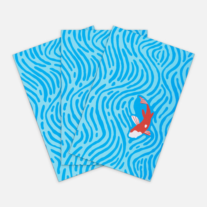 Three Koi Pond Foam traction pads for the One Fast Cat Exercise Wheel Gen. 7, featuring a blue water pattern and koi fish graphic.